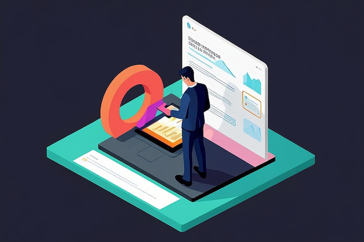 Foto empresario isométrico plano en 3d que utiliza el sitio web del motor de búsqueda para la búsqueda de datos de información y el concepto de tecnología de optimización de motores de búsqueda
