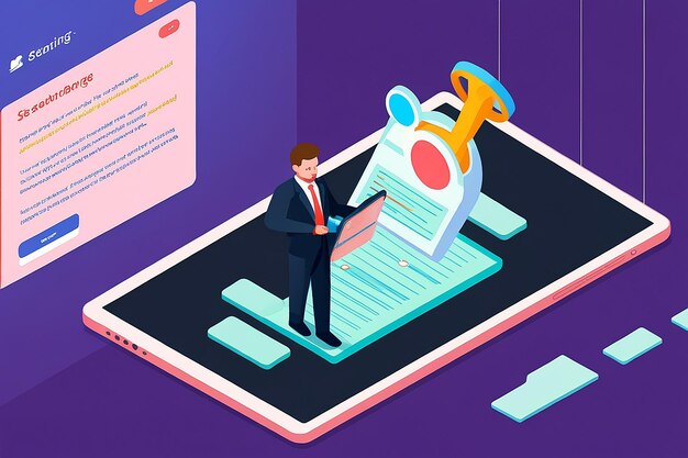 Empresario isométrico plano en 3D que utiliza el sitio web del motor de búsqueda para la búsqueda de datos de información y el concepto de tecnología de optimización de motores de búsqueda