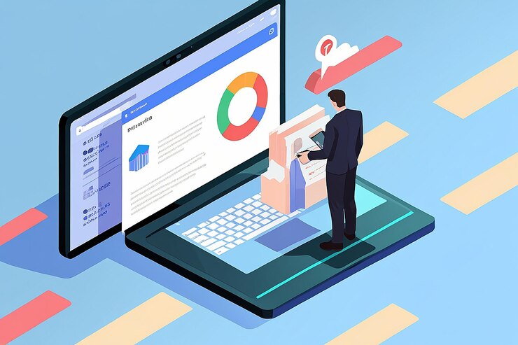 Foto empresario isométrico plano en 3d que utiliza el sitio web del motor de búsqueda para la búsqueda de datos de información y el concepto de tecnología de optimización de motores de búsqueda