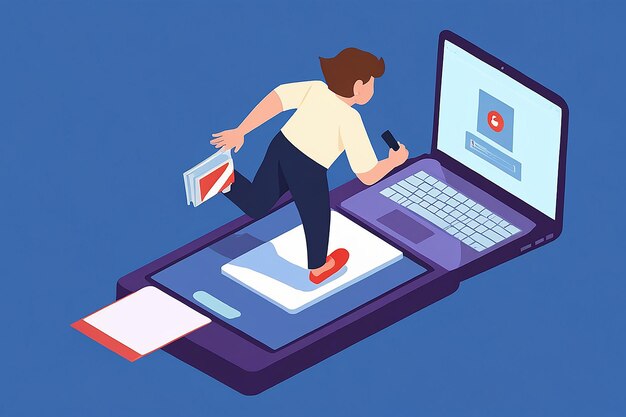 Empresario isométrico plano en 3D saltando de una computadora portátil a una tableta digital