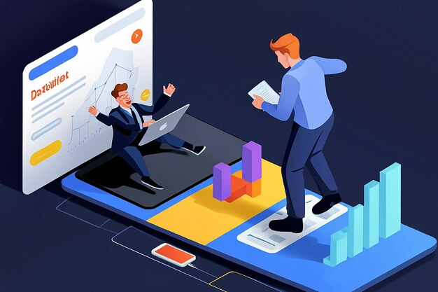 Empresario isométrico plano en 3D saltando de una computadora portátil a una tableta digital