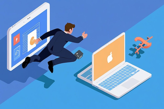 Empresario isométrico plano en 3D saltando de una computadora portátil a una tableta digital