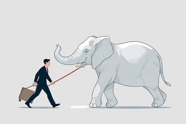 Foto empresário isométrico puxa o elefante que está de pé no carrinho