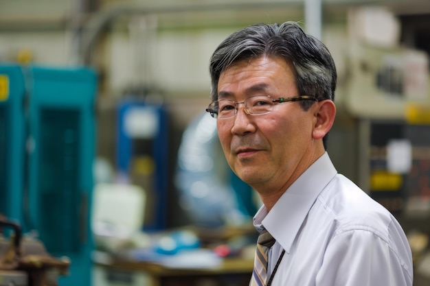 Foto un empresario japonés dirigiendo un taller kaizen en un entorno de fábrica empoderando a los trabajadores de primera línea