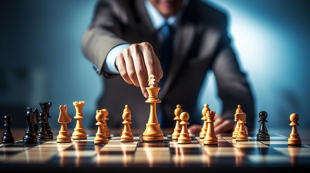 Foto empresário joga xadrez a mão move a peça de xadrez estratégia