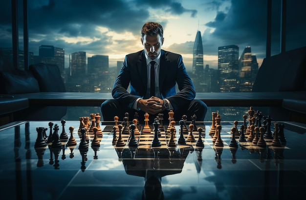 Empresario jugando al ajedrez en el tablero de ajedrez para la estrategia de negocios y el concepto de asignación de liderazgo