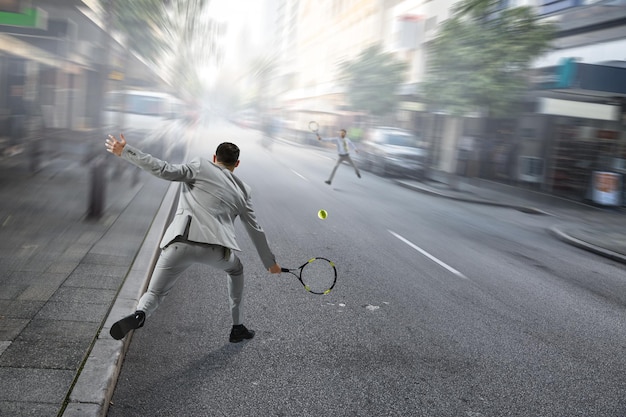 Empresario jugando al tenis. Técnica mixta
