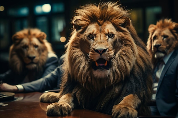 Empresario con un león en una cafetería