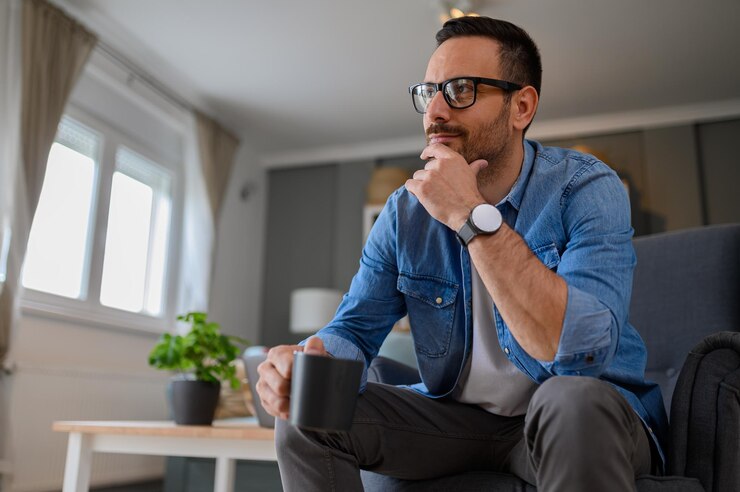 Foto empresario masculino positivo con la mano en la barbilla pensando en estrategias comerciales mientras se sienta cómodamente