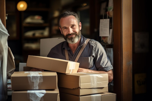 empresario masculino con su fondo de estilo bokeh de caja de paquetes.