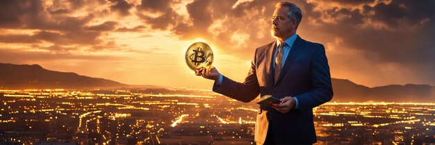 Foto empresario de mediana edad con bitcoin