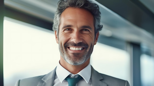 Empresario de mediana edad confiado empresario de pie frente a la oficina sonriendo a la cámara Creado con tecnología de IA generativa