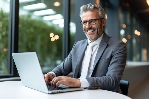 Foto un empresario de mediana edad sonriente, ceo con traje, sentado en la oficina usando una computadora portátil.