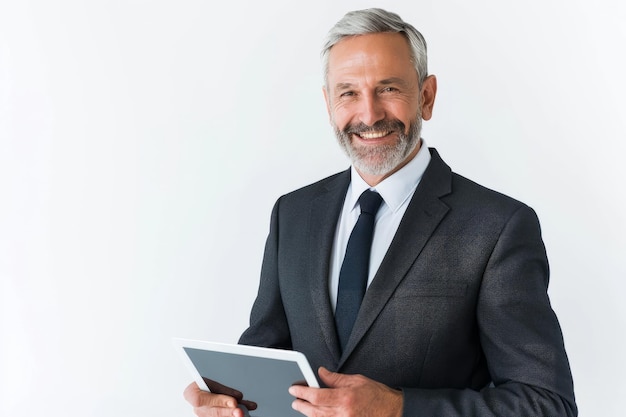 Un empresario de mediana edad sonriente usando una tableta digital aislada sobre un fondo blanco un CEO maduro