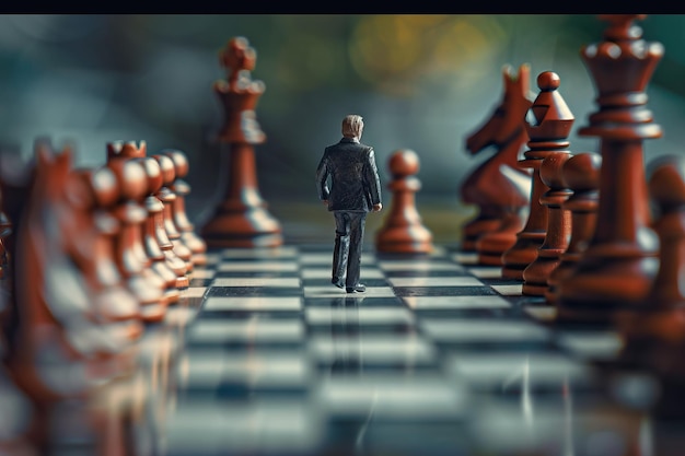 Empresario en miniatura tomando decisiones en el tablero de ajedrez con piezas de ajedres