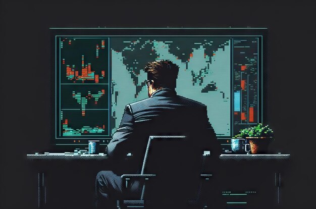 Empresario mirando monitores de computadora para intercambiar gráficos de estilo de arte de píxeles de análisis financiero de acciones
