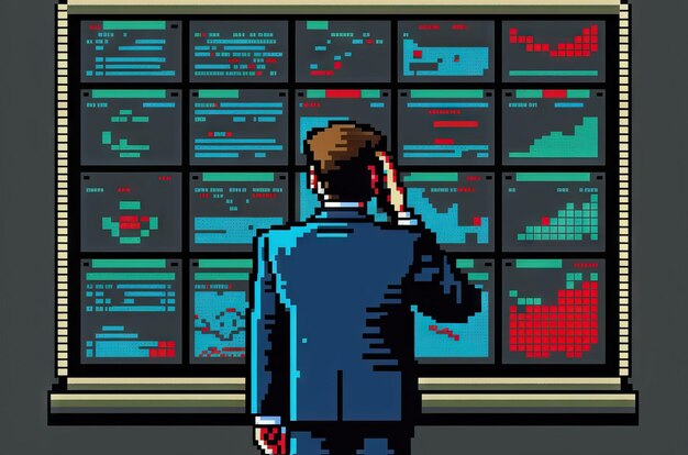 Empresario mirando monitores de computadora para intercambiar gráficos de estilo de arte de píxeles de análisis financiero de acciones