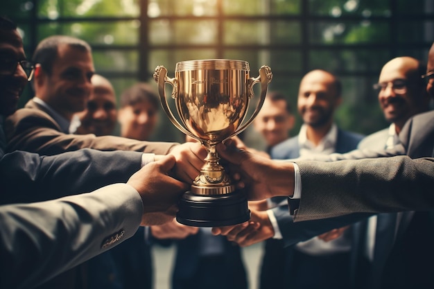 Empresário mostra polegares para cima com campeão vencedor de troféu e sucesso nos negócios