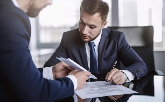 Empresario mostrando al cliente dónde firmar el documento