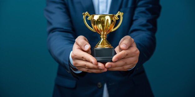 Empresario mostrando un trofeo que representa la satisfacción y el triunfo del cliente Confiabilidad excelencia y confianza para clientes satisfechos y comentarios favorables