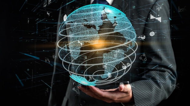 Empresario mostrar holograma de tecnología alusiva de comunicación empresarial global