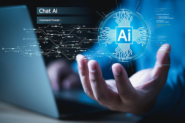 Empresario muestra gráfico virtual Internet global conecta Chat Ai Chat con IA Inteligencia artificial usando el mensaje de comandos para genera algo transformación de tecnología futurista AI tech