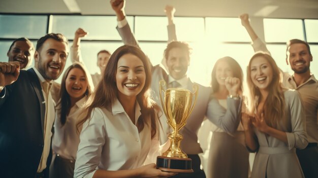 Foto empresario muestra pulgares hacia arriba con trofeo ganador de la recompensa campeón y exitoso para los negocios