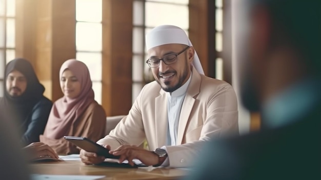 Empresario musulmán usando una tableta durante una reunión con socios corporativos IA generativa