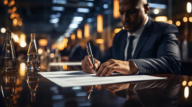 Empresario o corredor con tableta y tablero trabajando tarde en tecnología