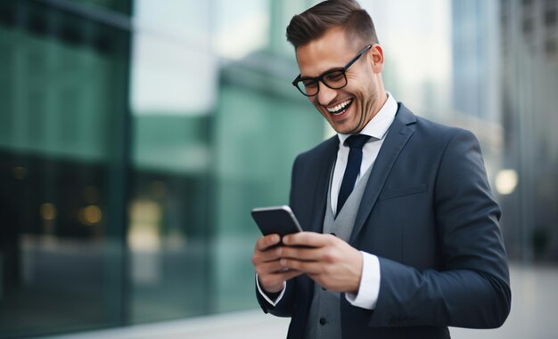 Foto empresario o hombre de negocios con gafas sonriendo mientras envía mensajes en su teléfono inteligente en la calle