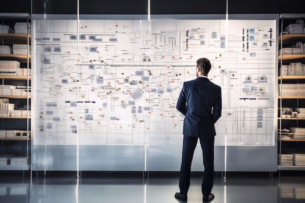 empresário observando mapa mental colado na parede de vidro na sala de escritório AI gerada