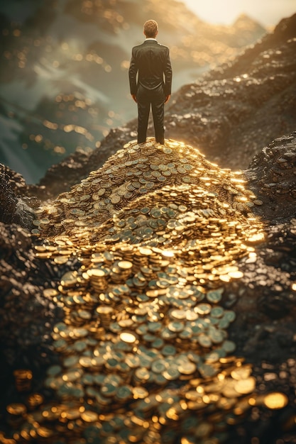Foto empresário olha para fora do pico da montanha de moedas de ouro surreal