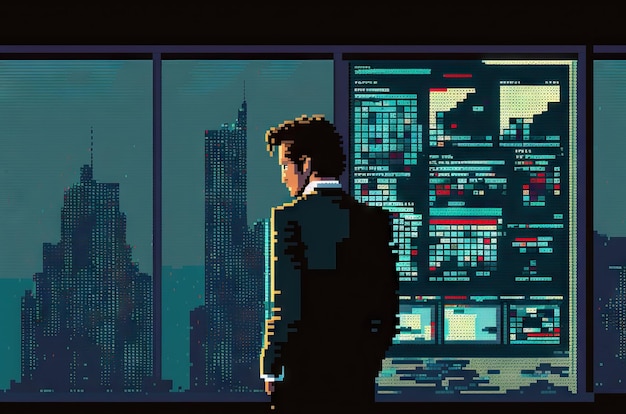 Empresário olhando para monitores de computador para negociar gráficos de estilo pixel art de análise financeira de ações