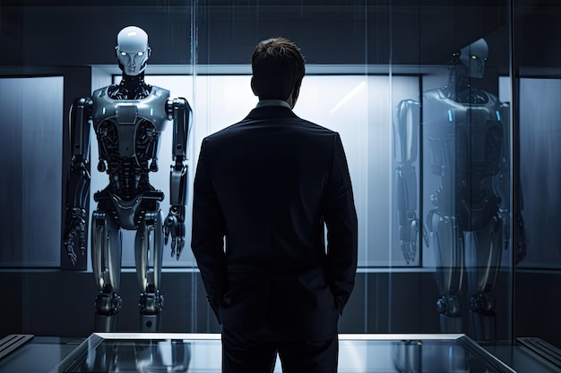 Empresário olhando para o robô futurista no museu Renderização em 3D Um empresário olhando para uma tela de holograma digital gerada por IA