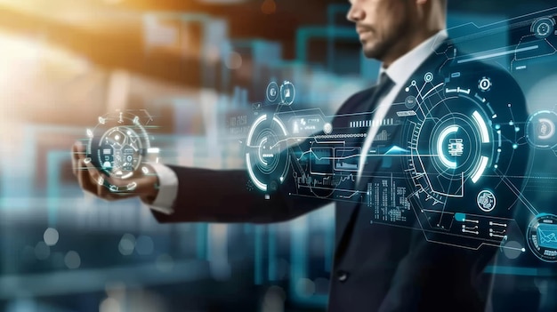 Empresario con un panel de interfaz de tecnología virtual