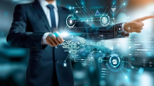 Empresario con un panel de interfaz de tecnología virtual