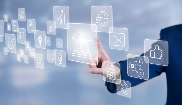Empresario pantalla táctil en el gráfico Icono de pantalla de una pantalla de medios Tecnología Proceso Sistema Negocio con concepto de comunicación y marketing Éxito del equipo RRHH Humano Éxito empresarial