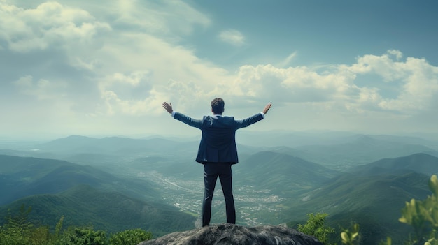 Empresario parado en la cima de la montaña y mirando la ciudad