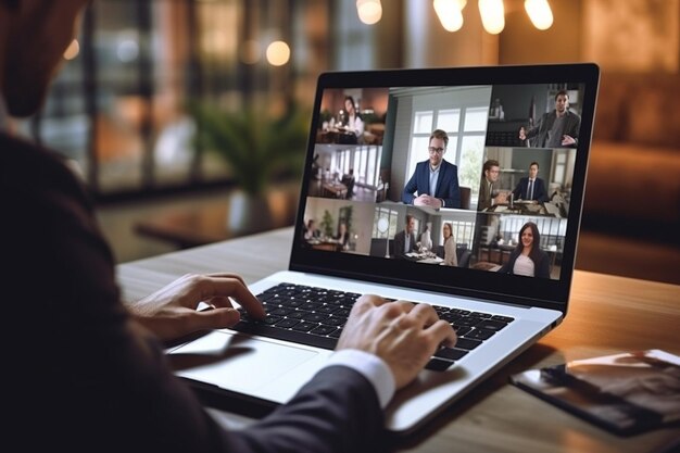 Foto empresario participa en una videoconferencia mirando la pantalla de su portátil durante una reunión virtual