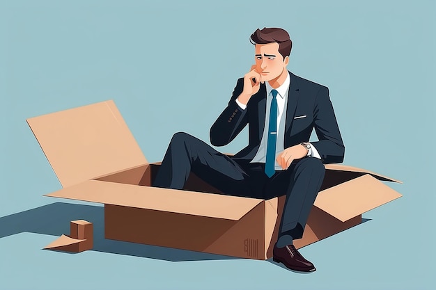 Empresario pensando fuera de la caja concepto Hombre en traje de negocios sentado en un embalaje de cartón vacío