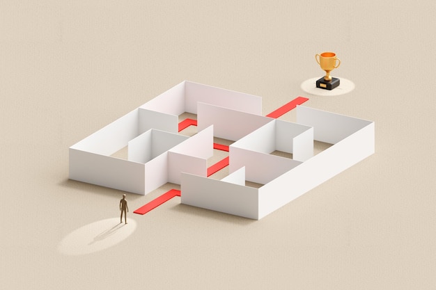 Empresário pensando para a entrada caminho caminho troféu labirinto solução quebra-cabeça jogo de desafio em fundo 3D com estratégia de sucesso de negócios encontrar saída labirinto conceito vencedor competição meta realização