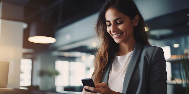 Empresario de una pequeña empresa mirando su teléfono móvil y sonriendo mientras conversa con sus colegas de oficina