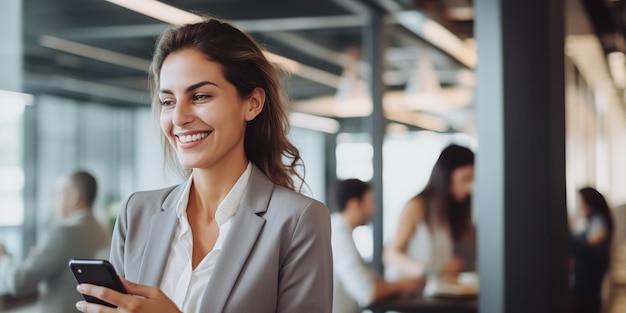 Empresario de una pequeña empresa mirando su teléfono móvil y sonriendo mientras conversa con sus colegas de oficina