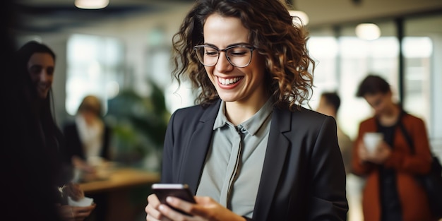 Empresario de una pequeña empresa mirando su teléfono móvil y sonriendo mientras conversa con sus colegas de oficina
