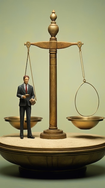 Empresario de pie en la balanza Concepto de ley y justicia