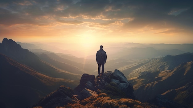 Empresario de pie en la cima de una montaña y mirando la puesta de sol Ai generativo