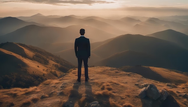 Empresario de pie en la cima de una montaña y mirando la puesta de sol