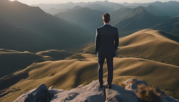 Empresario de pie en la cima de una montaña y mirando la puesta de sol