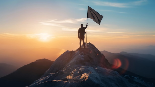 Empresario de pie sostiene bandera ganadora en la cima de la montaña misión generativa ai