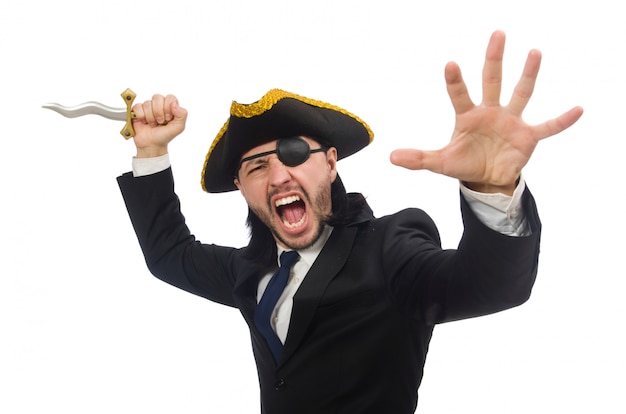Empresario pirata con sable aislado en blanco